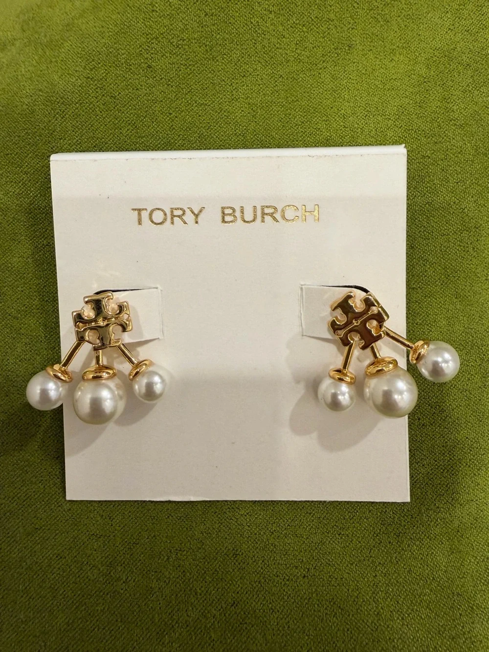 Tory Burch Gold Logo Earrings with White Pearl Drops